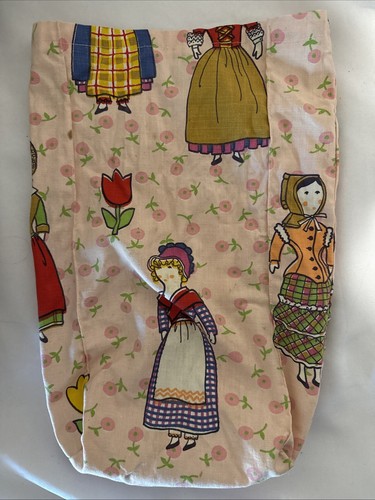 VTG Pink Dutch Girl Tulips Handmade Fabric Sack 14” X 7.5” X 4” - Picture 3 of 5