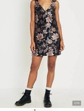 NWT Urban Outfitters Black Pink Floral Satin Mini Shift Dress V-Neck Tie Size S