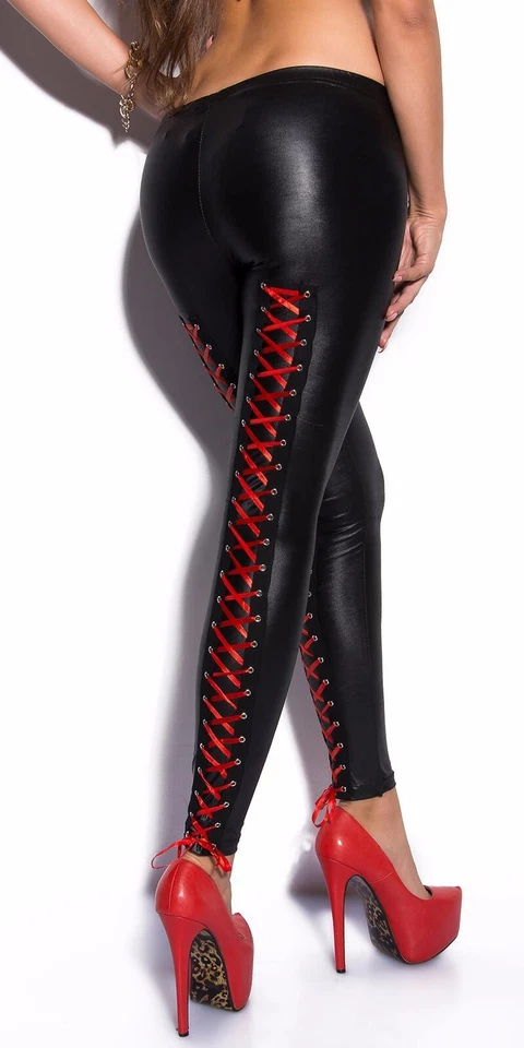 Mujeres Sexy Elástico Gótico Imitación Cuero Con Cordones Leggings Pantalones Ajustados Prendas para club nocturno Foto 4 de 4