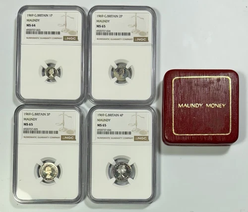 1969 Great Britain Maundy Set NGC 1p MS 64, 2p, 3p and 4p MS 65 W Box Proof Like