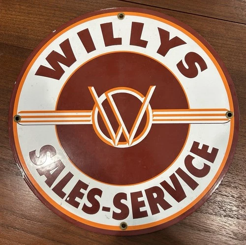 VINTAGE REPRO WILLYS-OVERLAND JEEP PORCELAIN SIGN "SALES & SERVICE 12" SIGN