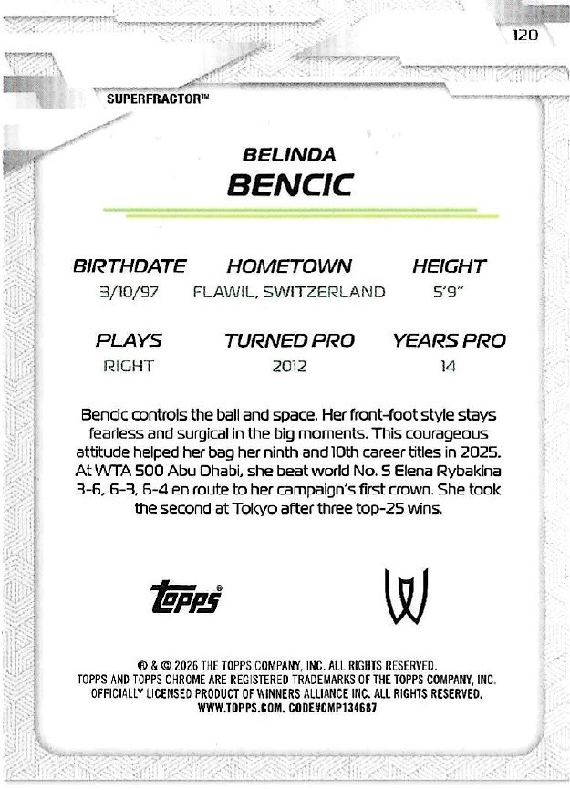 2026 Topps Chrome Tennis Belinda Bencic SUPERFRACTOR 1/1 view 2