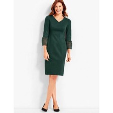 Talbots Womens Green Lace Cuff V-Neck Sheath Dress Size 14 Ponte Knit Holiday