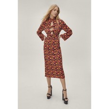 Nasty Gal Retro Floral Print Mock Neck Cutout Long Sleeve Midi Dress Size 4 NWT
