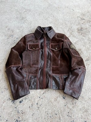 Vintage Y2K Mixed Media Leather Jacket Brown Suede Patchwork Moto Cargo Grunge