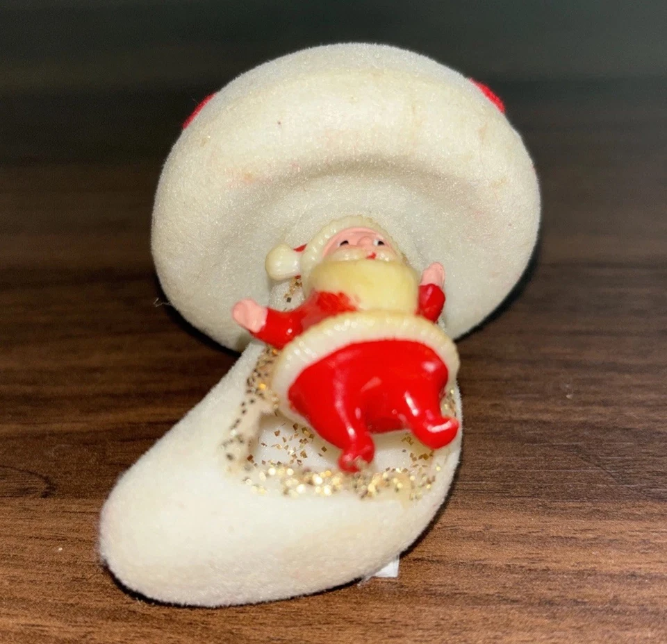 RARO! Enfeites de Natal kitsch vintage 1950-60s Papai Noel flocado cavalgando em cogumelo - Imagem 4 de 4