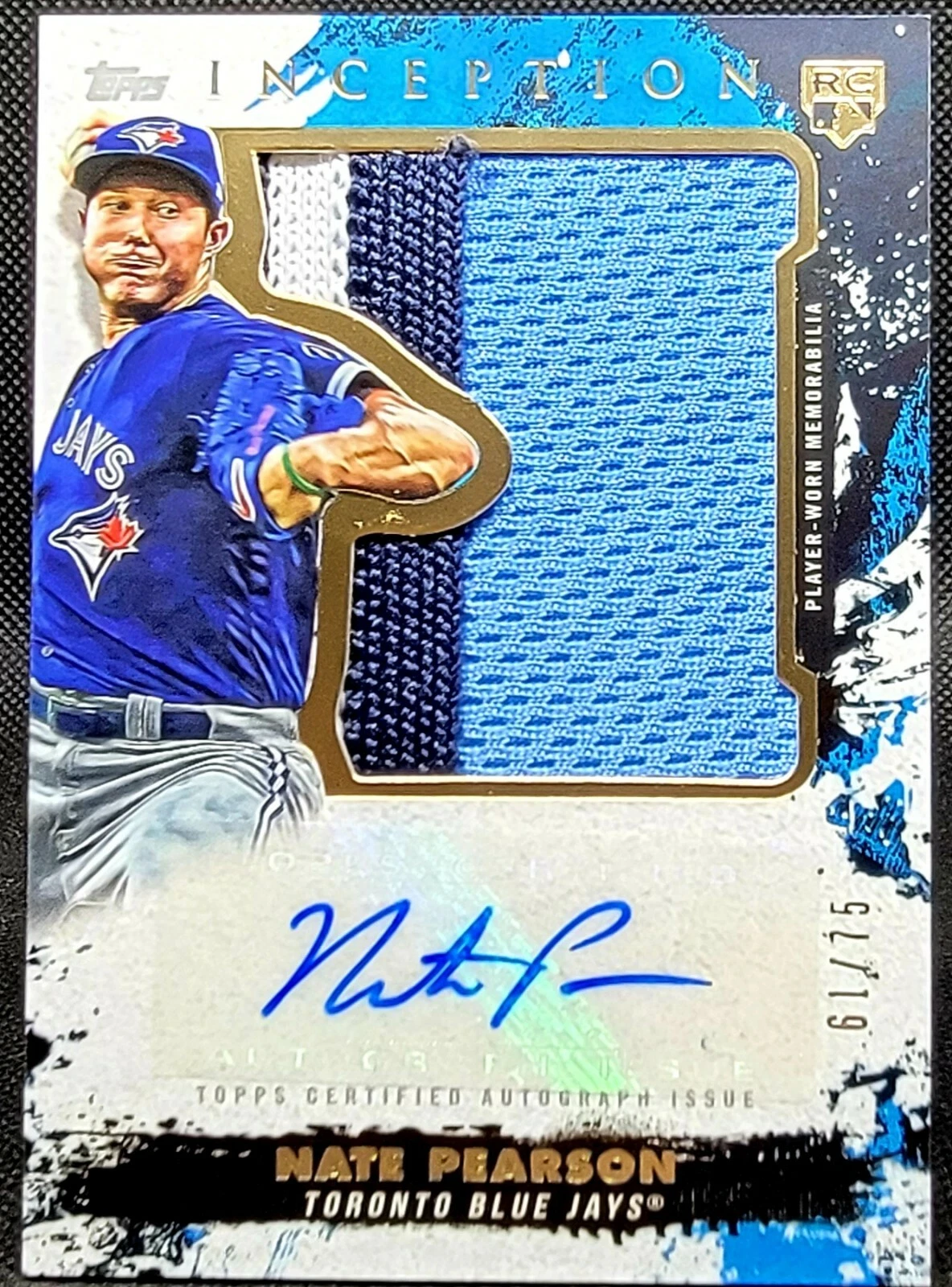 NATE PEARSON 2021 Topps Inception #/75 ROOKIE JUMBO 3 Color Patch Auto BLUE JAYS