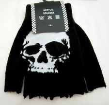 Unisex Black with Large White Skull Print Fingerless Gloves-New in Package 