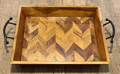 AWESOME MCM WOOD SERVING TRAY PARQUET CHEVRON STYLE TEAK? INDIA 20  x 13 1/8''