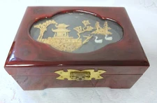 Vintage Old Chinese Ornate Lacquered Wood Jewelry Box Cabinet