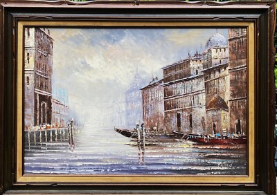 VTG Mid-20th C Original Large Textured O/C ''Venice, Italy'' By H. Wood, Framed!