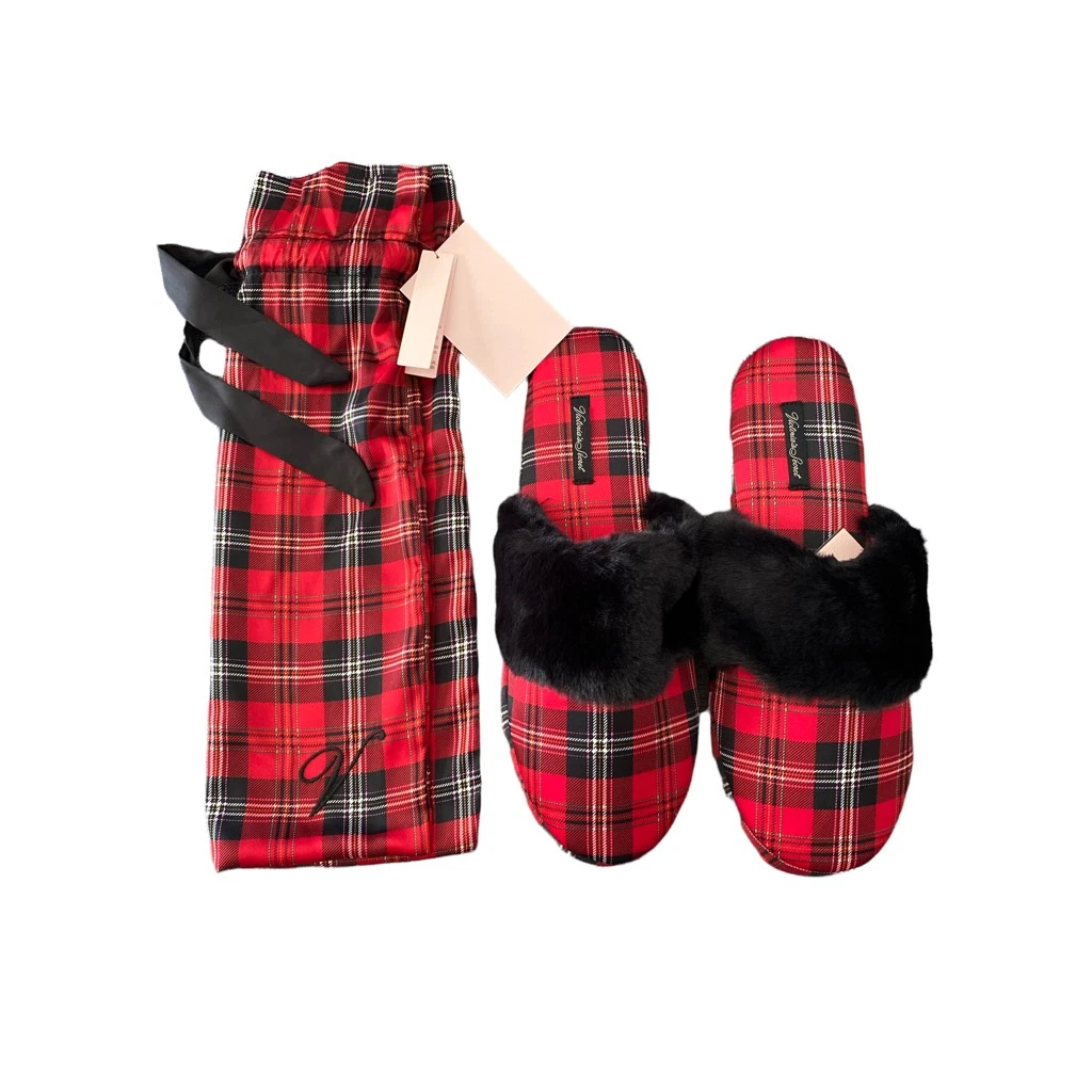 Victorias Secret Women Satin Slippers Red Plaid Faux Fur Slide Matching Bag  | eBay
