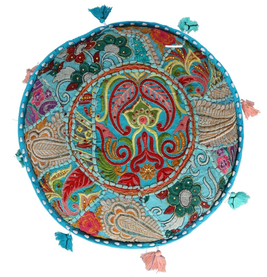 17" Turquoise Blue Handcrafted Round Stool/Ottoman Pouf Cover Seating Pouffe - Image 4 of 4