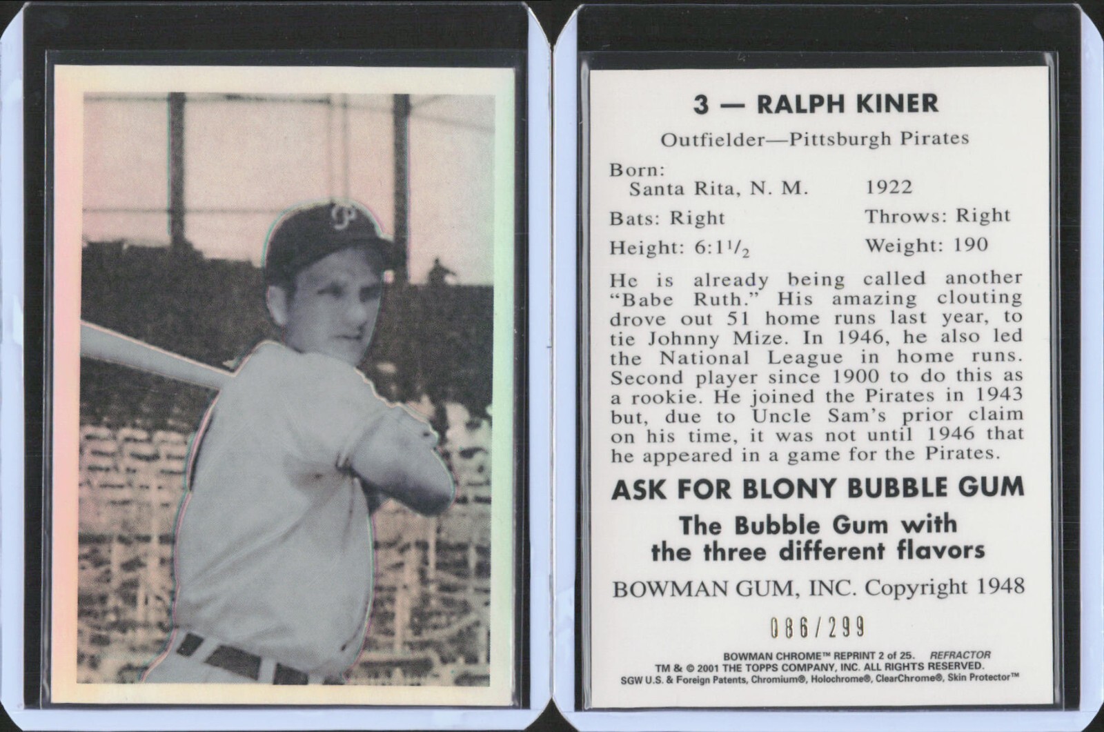 2001 Bowman Chrome Rookie Reprints Refractor #2 Ralph Kiner Pirates /299