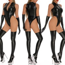 Women Faux Leather Thong Leotard Bodysuit Wetlook High Stockings Gloves Jumpsuit