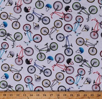 Cotton Bikes Bicycles Biking Helmets Cycling Fabric Print by the Yard D673.75
