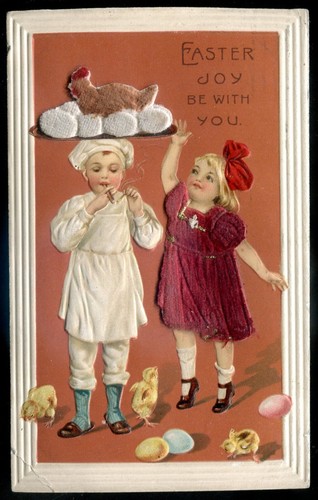 OSTERN POSTKARTE 1913 geprägt Küken Eier kochen Räuchern Filzzusatz