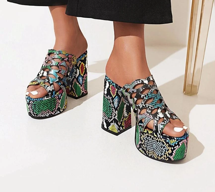 Zapatillas informales para mujer Occident peep toe tacones bloque ahuecados ropa de club nocturno Foto 4 de 4