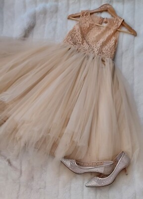 tulle beige dress Andrea & Leo STRAPLESS TULLE TEA LENGTH DRESS-A1114 – True Me Boutique main image 1