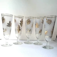 Vintage Set of 5 Libby Frosted Golden Foliage Leaf Pilsner Goblet Glasses 10 Oz
