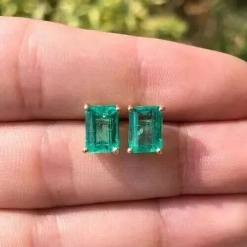 1.00 Natural Green Emerald Solid 14k Yellow Gold Women's Stud Earrings - Image 2 of 4