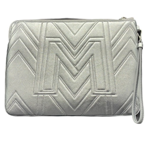 MCM LOGO QUILTED BERLIN SILVER LEATHER MEDIUM PURSE WRISTLET POUCH - Picture 2 of 8
