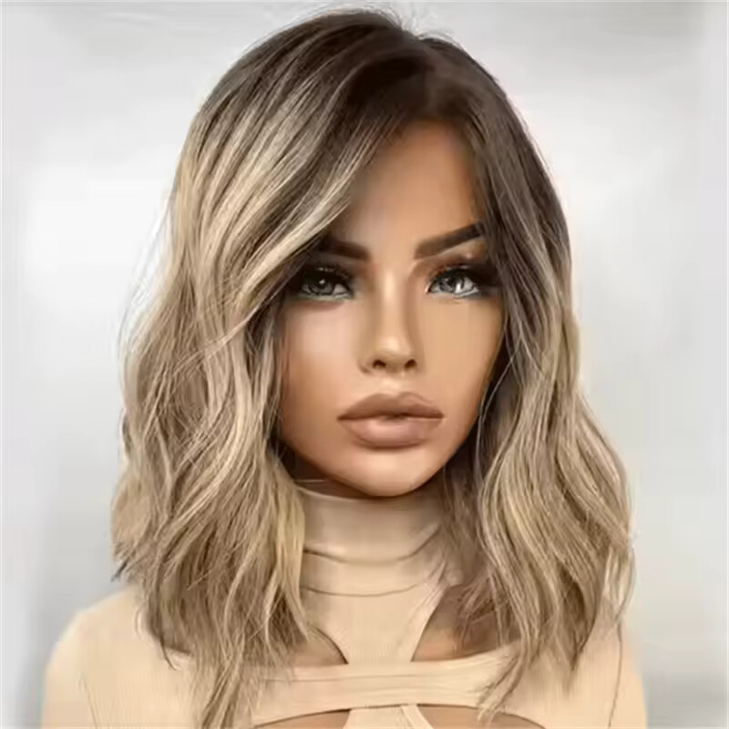 Short Wave Ombre Dirty Blonde Lace Front Wigs 100% Human