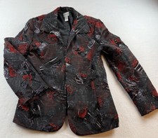 Chicos Embroidered Blazer Sz 2 Open Front Jacket Black Red Floral Patchwork