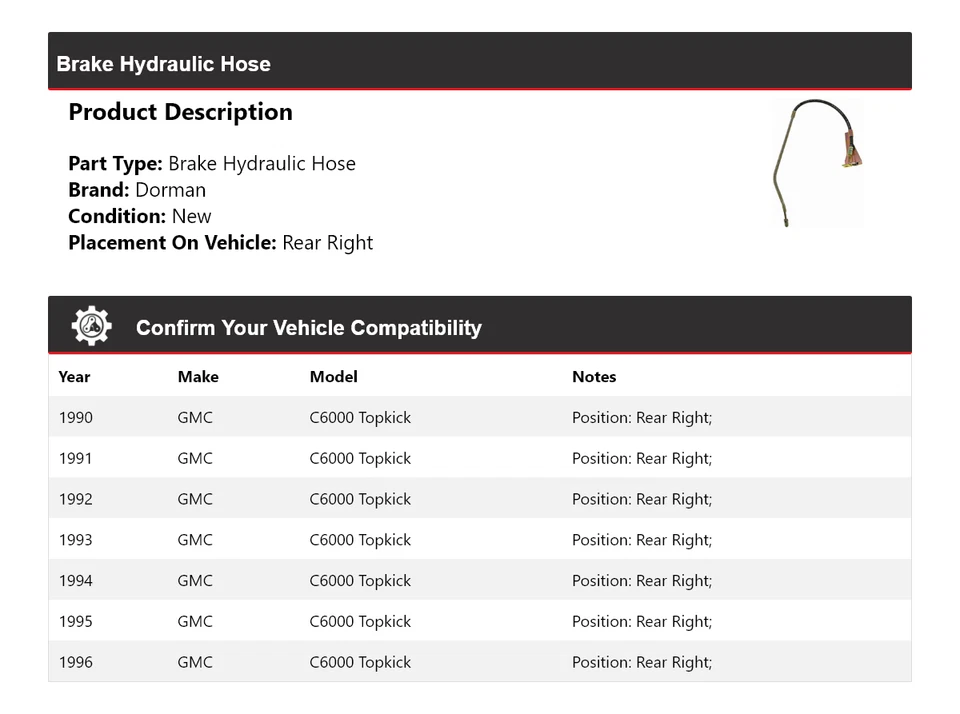 Manguera hidráulica de freno trasera derecha para GMC C6000 1990-1996 Topkick Dorman 1991 1992 Foto 2 de 4