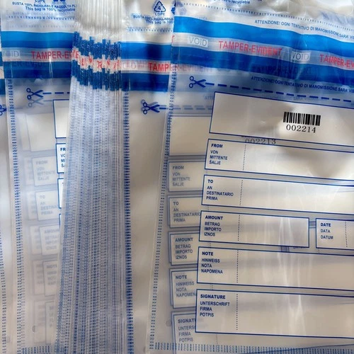 Busta adesiva porta valori con codice numerico/barcode, nastro VOID e maniglia