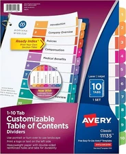 Avery 11135 Ready Index Dividers,TOC,1-10 Tab,3HP,8-1/2-Inch x11-Inch,1/ST,Multi