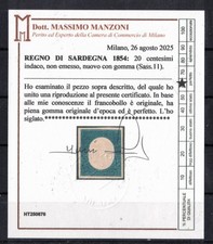 C7 ANTICHI STATI 1854 francobollo REGNO DI SARDEGNA NON EMESSI 20 cent MH* CERT.