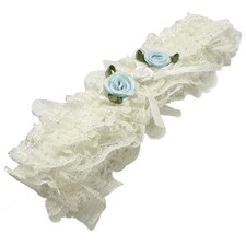 Ivory Ruffled Lace Wedding Garter with Blue & &nbsp;White Roses UK