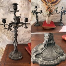 Paire de Chandelier Bronze Patine Argenté Ancien Louis XV Rocaille Bougeoir Lamp