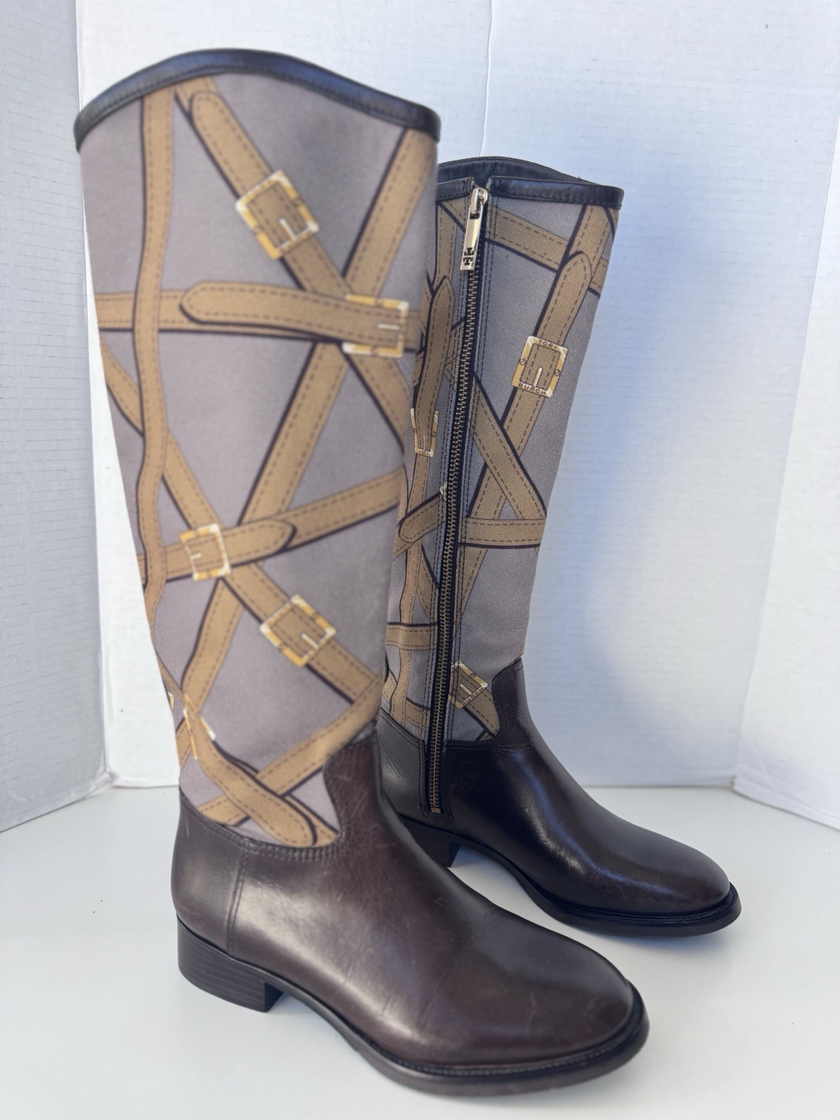 Tory Burch Felix Leather Canvas Tall Zip Equestrian Riding Boot Women’s Size 5