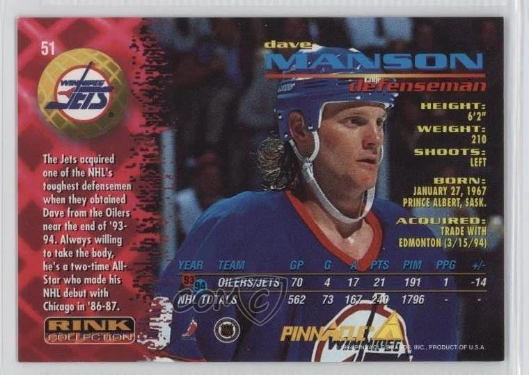 1994-95 Pinnacle Rink Collection Dave Manson #51 - Image 2 of 2