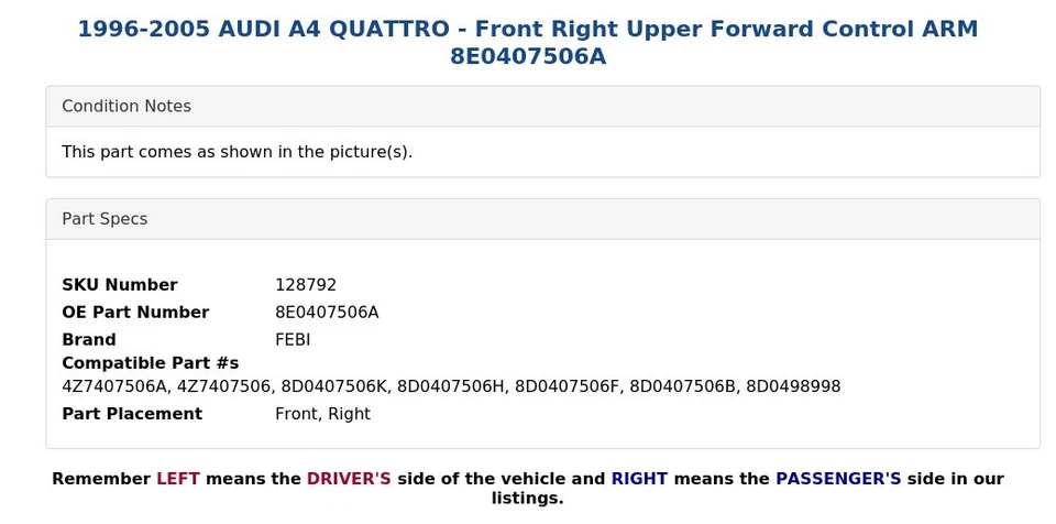 AUDI A4 QUATTRO 1996-2005 - BRAZO DE CONTROL DELANTERO SUPERIOR DERECHO 8E0407506A Foto 4 de 4
