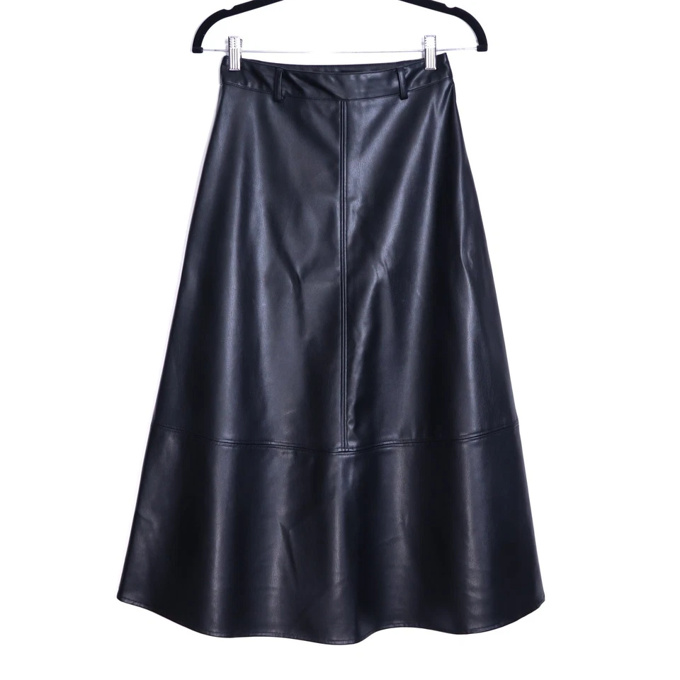 ZARA Faux Leather Midi Skirt Black A Line Panel Seams Casual Women's XS - Image 2 of 4