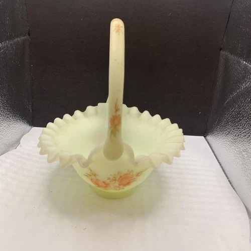 VINTAGE FENTON BASKET CUSTARD GLADS SATIN FLORAL HAND PAINTED ARTIST SIGNED
