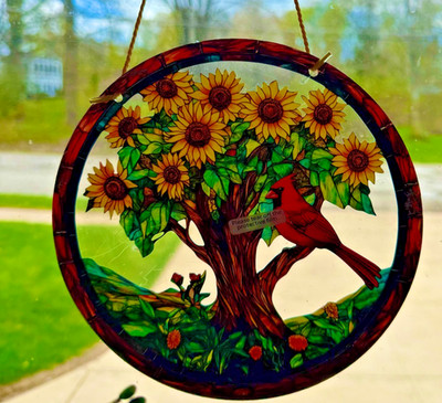 2D Flat Acrylic SUNFLOWER TREE WITH CARDINAL  8''Suncatchers Free Shipping