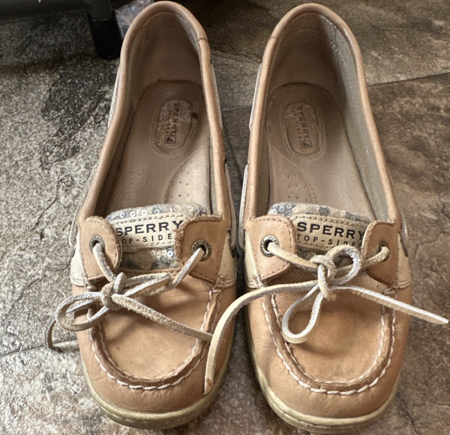 Sperry Women's Boat Shoes Beige Slip-On Tie Sequins Leather/Fabric 7.5M