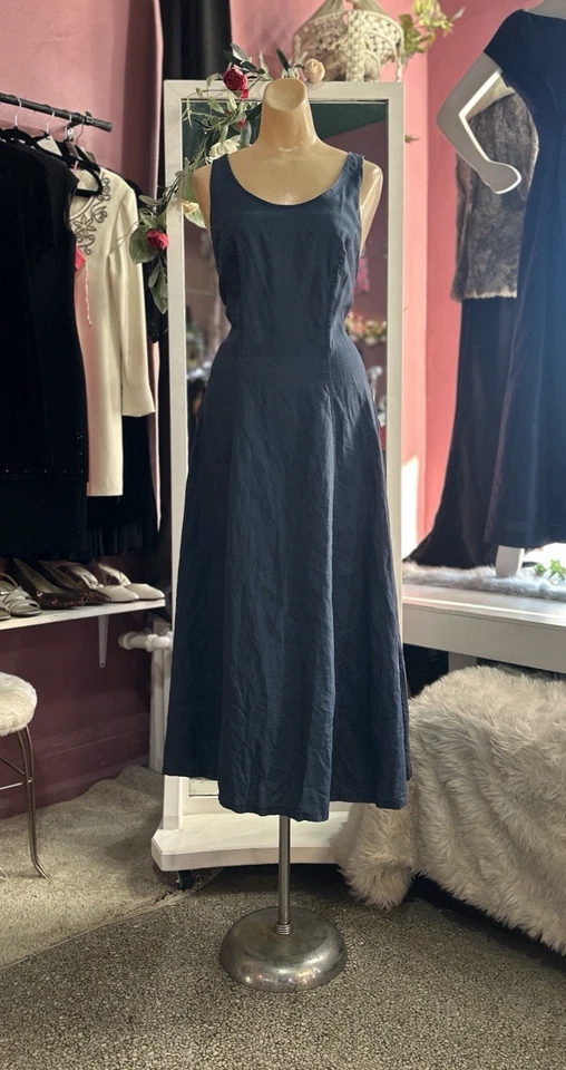 Maxi Vestido Corsé Vintage Años 90 Con Cordones Azul Cambray Espalda Abierta Boho Cáñamo M Foto 2 de 4