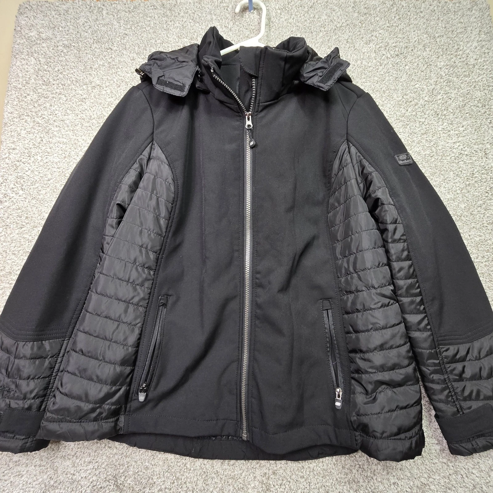 Skechers Jacket Mens XL Black Full Zip Quilted Hooded Softshell Outdoors Winter