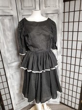 Vtg 80s Square Dance Dress Black white Dot PEPLUM Rockabilly M Secretary Usa