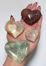 Mixed Crystal Heart Set Of 4, Pink Amethyst Feather Fluorite Strawberry Quartz