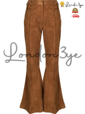 Women Genuine Suede Flared Pants Brown 