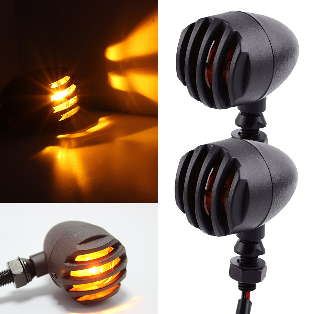 4-Pack Metal Grill Bullet Turn Signal Lights – Amber LED For Harley, Cafe Racer, Bobber, Chopper