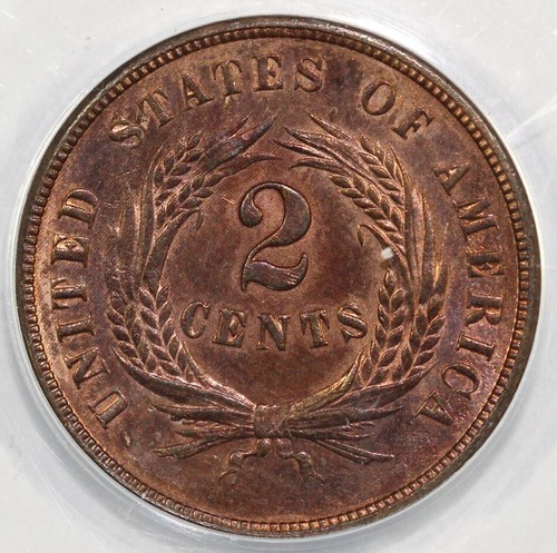 1864 2c Large Motto Two Cent Piece ANACS MS 62 RB - Picture 2 of 5