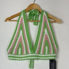 Sans Souci Green Peach Knit Crochet Tie Back Bra Top Women's Large New NWT