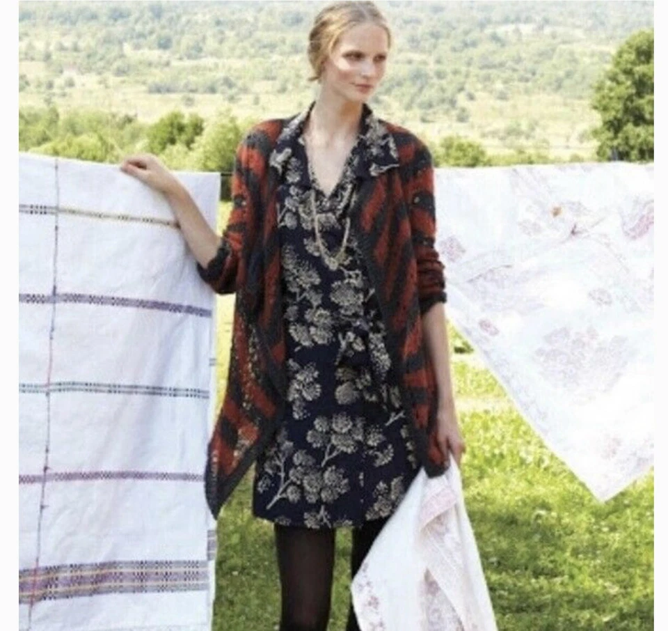 GUINEVERE Cárdigan Rayas Sueltas Suéter Envoltura Naranja Gris Tejido Anthropologie L Foto 3 de 4